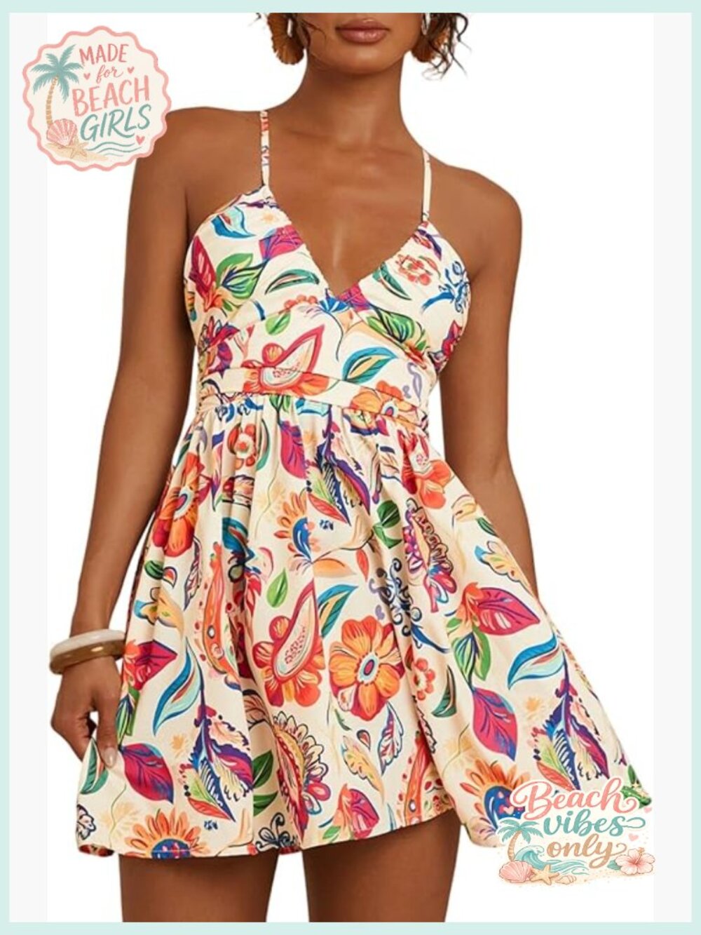Women's Boho Tropical Mini Dress Criss Cross Tie Back Sundress